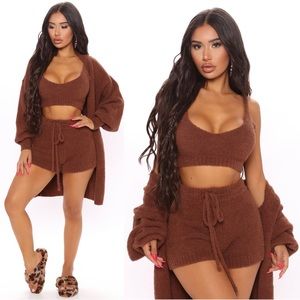 Living In It Cozy 3 Piece Set in Mocha Brown - Small Shorts, Crop Top & Robe